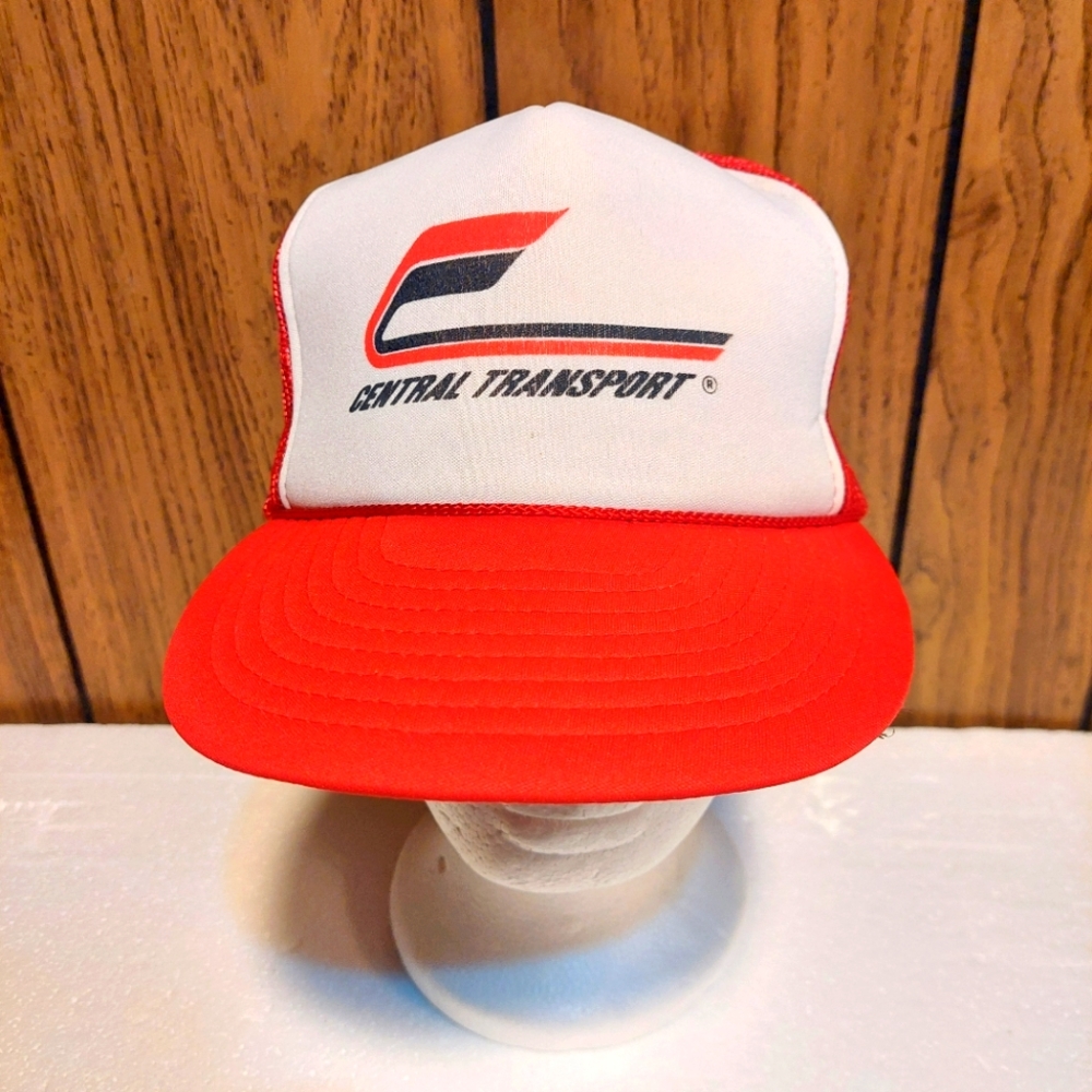 Central Transport Red and White Trucker Hat Vintage 80s Snapback Mesh